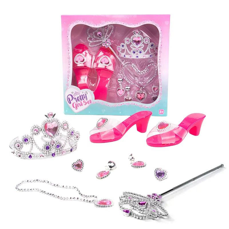 Hot Selling Pretend Play Schmuck Spielzeug Prinzessin Dress up Crown High Heel Schuhe Mädchen Spielzeug Beauty Set