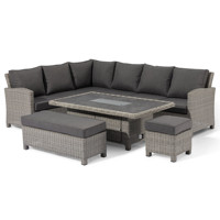 Meubles de patio en forme de L, salle à manger extérieure, canapé en osier avec table à foyer levant, ensemble canapé d'angle en rotin de jardin avec pouf