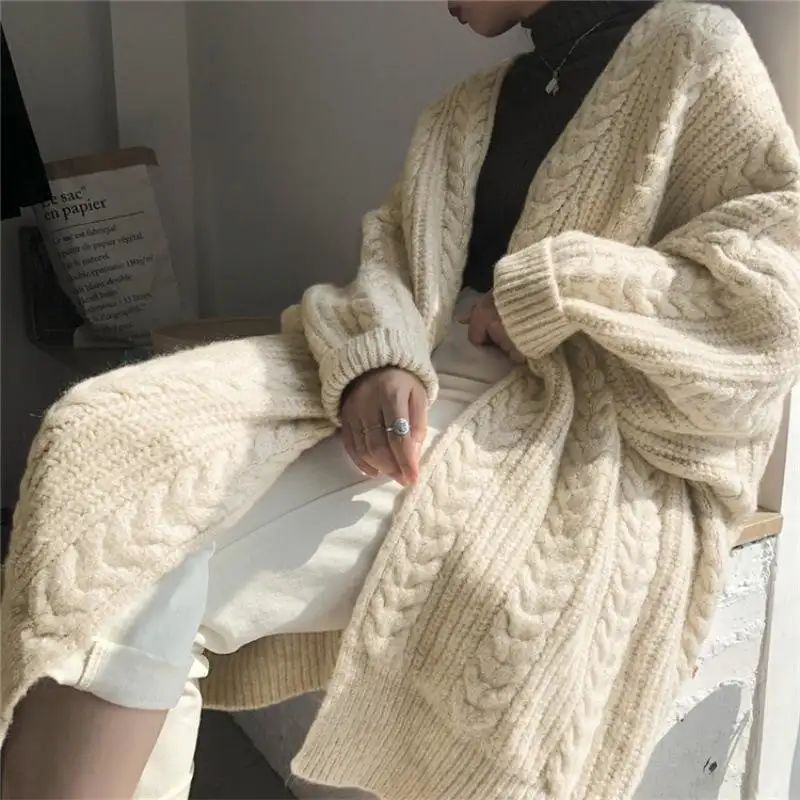 Sweater rajut panjang musim gugur dan musim dingin, sweater mantel maxi sederhana longgar putaran panjang untuk wanita