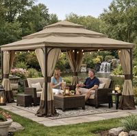 Pergola de luxe 12x12 à trois niveaux avec moustiquaire et rideaux, tente de jardin extérieure à structure métallique pour terrasse, pelouse, villa, cour