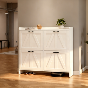 White Modern Fence Shoe Cabinet 4 Flip <b>Drawers</b> Space Saving Entryway Organizer for Living Room - Product Image 5