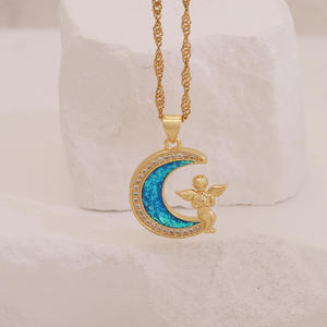 Unique Statement Stainless Steel Jewelry Blue <b>Moon</b> and Stars Pendant Rose Flower Necklace with Link Chain - Product Image 5