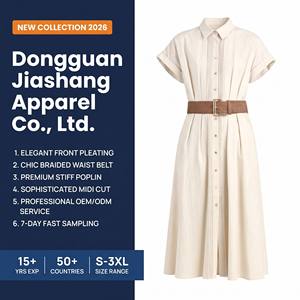 Abito Chemisier Vintage Premium da Donna, Linea ad A, Elegante con Pieghe Frontali, Maniche Corte, Cintura Intrecciata, Naturale, Lavabile, Traspirante, Estivo - Product Image 1