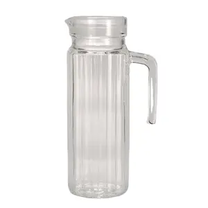 Restaurant Water Glass Jug jar With Handle & Spout Vertical Stripe 1L Square Daily Use Milk Juice Drinking Pots With Lid