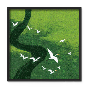 Rompecabezas de madera irregular Soft Wings Over Oasis, rompecabezas de madera cuadrado de 185 piezas, ilustración artística de paisaje verde con aves garzas - Product Image 1