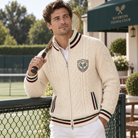 Cardigan zippé en maille torsadée pour homme, style tennis vintage, veste tricotée, logo personnalisé, tricot décontracté, OEM ODM, vente en gros