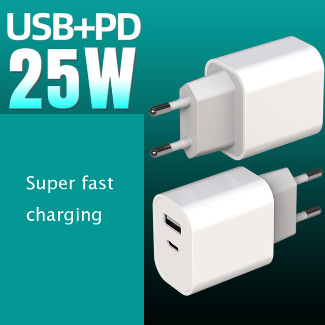 Dual PD Type C 25W EU Non-Grounded Power Socket 2 Outlets 2 Ports Fast Charging QC 3.0 USB C Multi Charger Residential Use