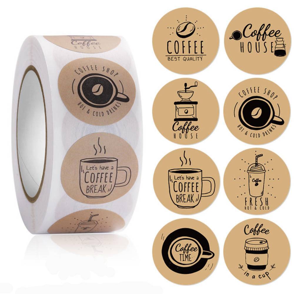 Coffee Honey Bubble Milk Tea Glossy Paper Self Adhesive Label Sticker Privet Logo Package Label Sticker Roll Wholesale