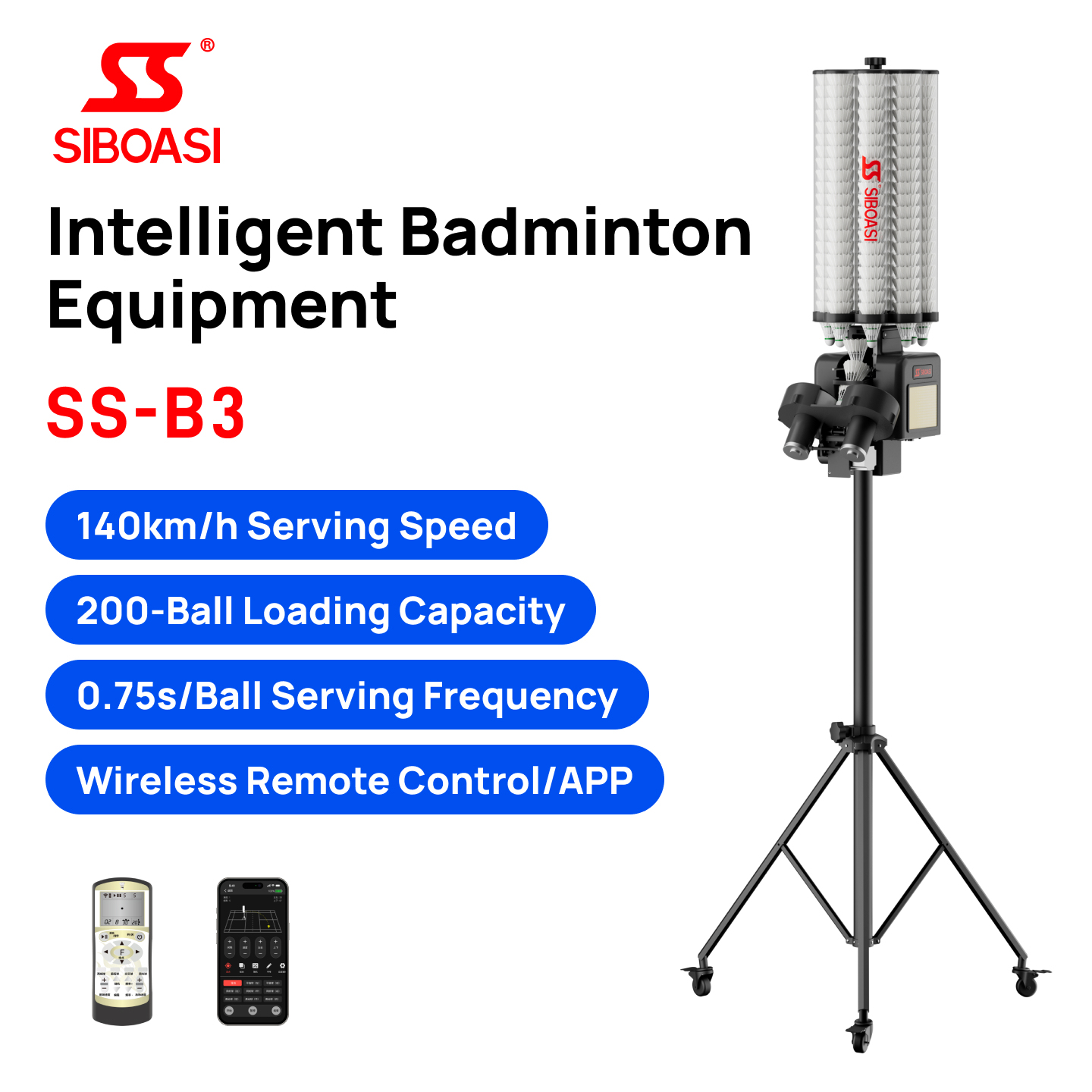 SIBOASI B3 Badminton Ball Machine Metal-Adjustable Portable Foldable Design 200-Shuttle Capacity AI Voice Control APP Remote