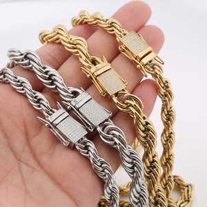 Unisex Men Women Hip Hop Twisted Rope <b>Chain</b> Necklace PVD 18K Gold Plated <b>Titanium</b> Steel Diamond Paved Clasp Jewelry - Product Image 4