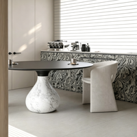 Table à manger ronde de luxe moderne, plateau en contreplaqué foncé, base en marbre naturel, table de cuisine pour villa, hôtel, restaurant, mobilier