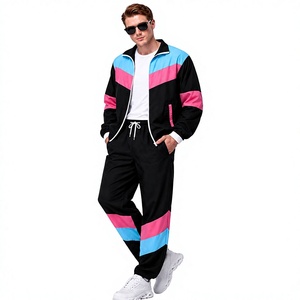 Conjunto Deportivo Retro para Hombre, Color Block, Negro, Rosa y Azul, Chaqueta con Cordón, Pantalones Jogger, Ropa Deportiva Informal, 100% Algodón, Secado Rápido - Product Image 4