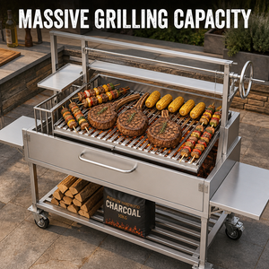 Griglia Argentina a Carbone in Acciaio Inox Portatile con Altezza Regolabile a Manovella, Ripiani Laterali, Superficie Antiaderente e Sistema di Sicurezza Antifiamma per BBQ - Product Image 3