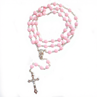 Élégant collier chapelet bleu roi émaillé de 6 mm avec croix, perles de prière de style religieux et perle rose en plastique