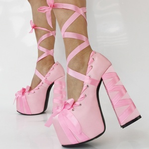 Sandales à plateforme haute en soie pour femme, style mariage, grande taille 47, talons épais, chaussures d'été à lacets cheville, escarpins à bout rond et nœud - Product Image 1