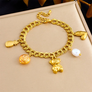 Fashionable Double Chain Gold Plated Stainless Steel Bracelet With Bear Pineapple Pearl Charms Women's Jewelry Gift - Product Image 1