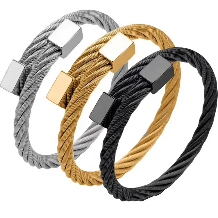 Fashion Mens Stainless Steel Square Head Cable Bracelet Stainless steel Twine Wire Bangle Bracelet 18K Gold Plated Cuff Bracelet