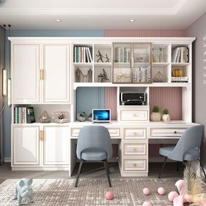Bureau double en bois massif de style européen avec bibliothèque intégrée, idéal pour les étudiants et l'utilisation à domicile, bureau d'ordinateur simple avec étagères intégrées - Product Image 2