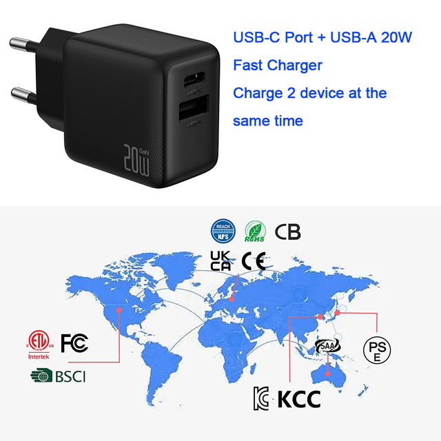 20W Fireproof Fast Charger USB-C PD 3.0 USB-A (18W Max) 5V/3A Smart GaN 100-240V Compact Adapter for Mobile Phone & Watch