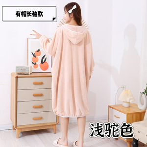 Peignoir à capuche en polaire corail pour femme, manches longues, chaud, automne-hiver, rose cerise, doublé, style décontracté - Product Image 3