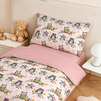 Ensemble de literie rose en coton 100% doux pour enfants, imprimé hibou et fleurs, 4 pièces, housse de couette pour filles, thème forêt, couvre-lit