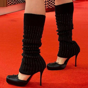 Diamonds Knitting Upper Summer High Heels Shoes Front Bow Square Toe Knee High <b>Boots</b> Pleated Stretchy Cut Out Socks Sandals - Product Image 2