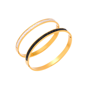 Bracciale in Acciaio Inossidabile con Diamanti Quadrati, Intarsio Oro e Nero, Larghezza 7mm, Gioielli alla Moda - Product Image 2