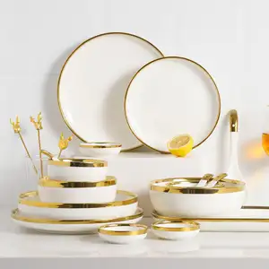 Luxury Nordic Gold Rim Crokery Fine Bone China Tableware Porcelain Ceramic Dishes Plates Dinnerware Dinner Set For Wedding