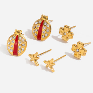 Stud <b>Earrings</b> Insect Ladybug Design Gold <b>Red</b> Crystal Stainless Steel Gift Jewelry - Product Image 1