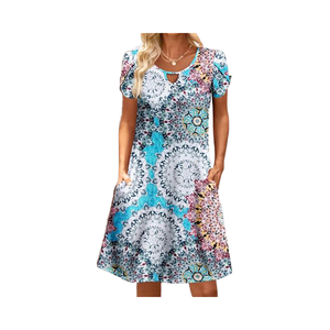 Women's Casual A-Line Summer Beach Floral Tshirt Dress Pockets Sublimation <b>Print</b> Short Sleeve <b>Mini</b> Flowy Sundress for Parties - Product Image 4