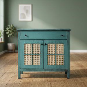 Contemporary Office Furniture Side <b>Cabinet</b> Accent Storage Chest Drawer Base Rattan Door Shelving with Key <b>Lock</b> for Living Room - Product Image 3