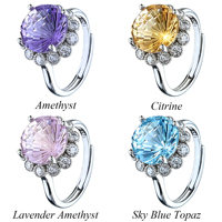 Bague Fleur en Argent Sterling 925 Plaqué Rhodium avec Divers Types de Pierres Précieuses Naturelles Taille Ronde, Vente en Gros Usine, Cadeau pour Femme