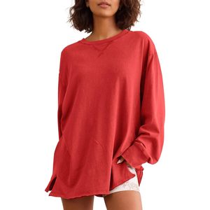 T-shirt oversize à manches longues pour femme, col rond, couleur unie, coupe décontractée, haut tendance, longueur normale, manches longues - Product Image 1