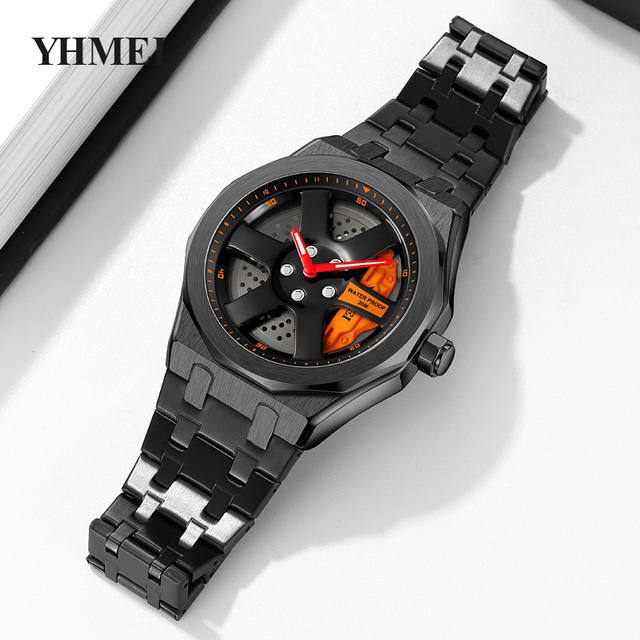 Popular 3D Car Wheel Dial Design Watch Casual Stainless Steel Mens Wrist Watch Rim Hub Wheel Cool Quartz Spinning Car Rim Watch