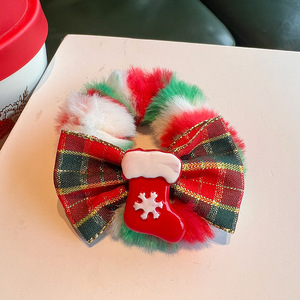 Nouveau Bandeau Coréen de <span class=keywords><strong>Noël</strong></span> en tissu éponge avec nœud en peluche à motif écossais pour queue de cheval - Product Image 3