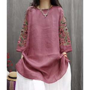 Women Cotton Linen Embroidery Top Loose Mid Length Casual Shirt Dress Breathable Retro Style Everyday Wear - Product Image 5