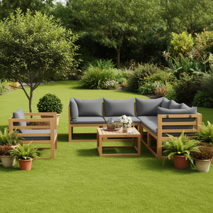 Ensemble de salon de jardin en bois d'acacia massif avec coussins, 7 pièces, mobilier d'extérieur au design contemporain - Product Image 2