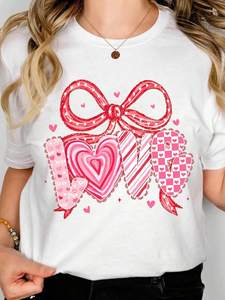 T-shirt bianca da donna per San Valentino con stampa fiocco a nastro, girocollo, manica normale, top casual in jersey, primavera estate - Product Image 1