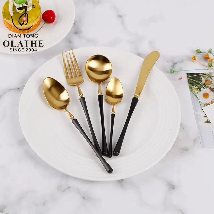 Luxury wedding stylish golden inox metal stainless steel flatware rose gold silver black gold knives and spoon fork set cutlery