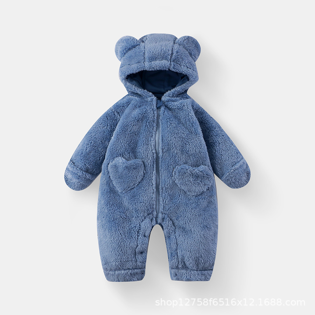 Light blue-plush open-back zipper jumpsuit
