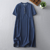 Robe midi cargo en jean décontractée coupe ample grande taille 2026 Nouvelle collection Col rabattu Ourlet fendu Robes en jean délavé pour femme