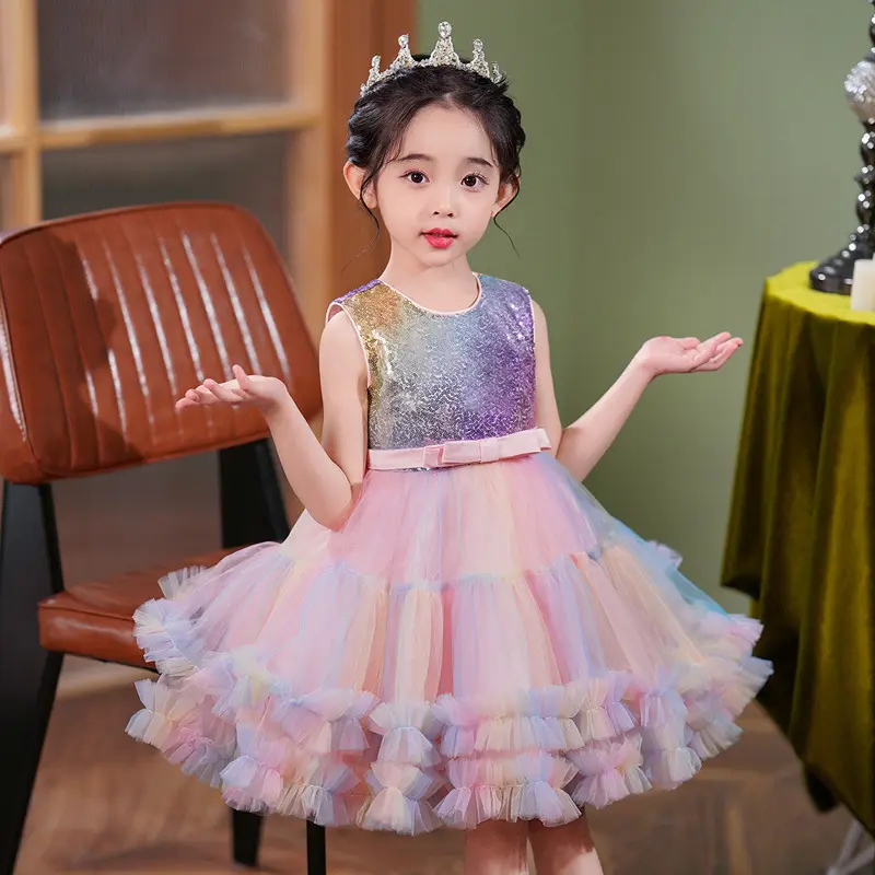 New birthday party little girls summer sleeveless sequins top colorful puffy tulle elegant girls princess dresses