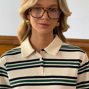 <span class=keywords><strong>Polo</strong></span> rayé rétro américain pour <span class=keywords><strong>femme</strong></span>, haut en tricot à manches courtes de couleur contrastante, style preppy, chemisier décontracté ample - Product Image 2