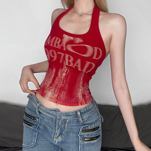 เสื้อกล้ามกีฬาสีแดงสดพิมพ์ลายข้อความสีทองชุดลำลองเสื้อฤดูร้อน - Product Image 3