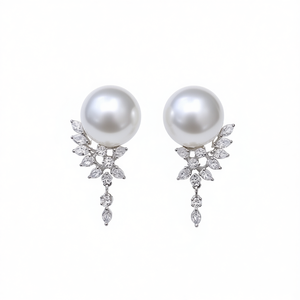 Pendientes elegantes con perlas Akoya, oro blanco, plata 925, perla redonda AAA, diseño de flor, joyería de boda para mujer, estilo clásico - Product Image 1