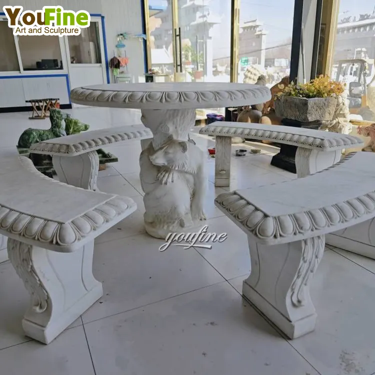 Banco de mármol de piedra Natural tallada a mano para exteriores, estatua de mesa para jardín