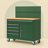 Chariot d'atelier robuste en acier vert avec plateau en bois, panneau perforé et tiroirs, pour garage et atelier