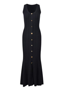 Abito estivo girocollo senza maniche <span class=keywords><strong>con</strong></span> <span class=keywords><strong>spacco</strong></span> e bottoni, gonna lunga a trapezio e <span class=keywords><strong>vestito</strong></span> <span class=keywords><strong>in</strong></span> <span class=keywords><strong>maglia</strong></span> <span class=keywords><strong>con</strong></span> cintura <span class=keywords><strong>in</strong></span> vita per socialite - Product Image 6