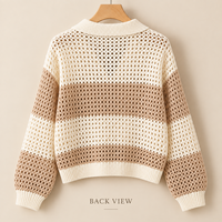 Pull ample en tricot crocheté rayé à col polo ajouré pour femme, idéal printemps-automne