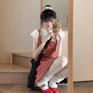 French Preppy Style Red Plaid <b>Dress</b> For Women <b>Elastic</b> Waist Peter Pan Collar Short Skirt Breathable Daily Casual Wear - Product Image 1